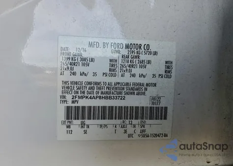 2017 Ford Edge Sport из США, поврежденный, VIN 2FMPK4AP8HBB33722